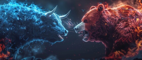 A visually striking illustration of a bull and bear engaged in a cosmic battle, symbolizing financial market volatility. - obrazy, fototapety, plakaty
