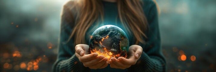 An emotive image of a woman holding a burning globe, symbolizing climate change and the need for environmental conservation - obrazy, fototapety, plakaty