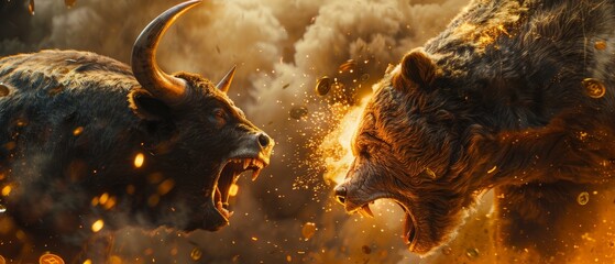 A magnificent depiction of a bull and bear locked in a fiery duel, a metaphor for the struggle in financial markets.