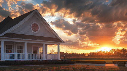 Dramatic sunset setting behind a newly built clubhouse with a white porch and gable roof with semi-circle window, in ultra HD.