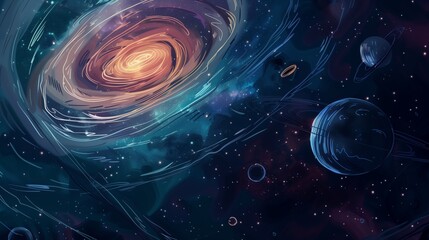 Captivating painting of a galactic spiral with beautifully rendered planets and twinkling stars, bringing the wonders of the universe to life. - obrazy, fototapety, plakaty