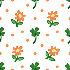 vector white background cloth pattern It has green clover leaves and orange flowers. Cute and bright style for breaking fabric or continuous scenes.