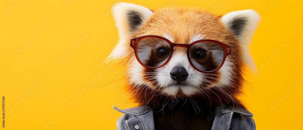 Wall mural red panda (ailurus) with really cool sunglasses, wearing hoodie, yellow background