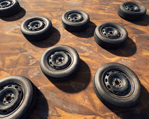 Old car wheels on weathered rusty painted metal sheet.