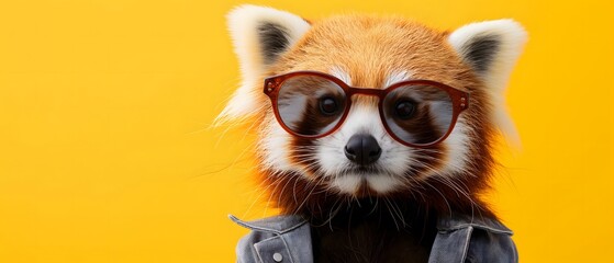 Red Panda (Ailurus) with really cool sunglasses, wearing hoodie, yellow background