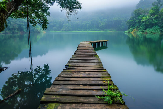 A wooden pier stretching out into a calm lake, surrounded by lush greenery.