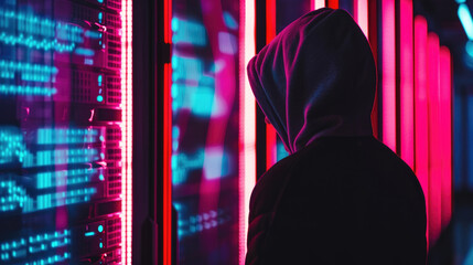 A person standing in front of a row of servers in a data center, monitoring and maintaining the network infrastructure