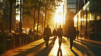 A group of individuals are walking down a sidewalk as the sun sets, casting a warm glow on the surroundings