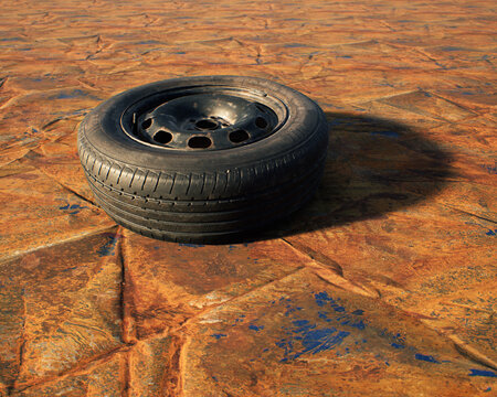 Old car wheel on weathered rusty blue painted metal sheet.