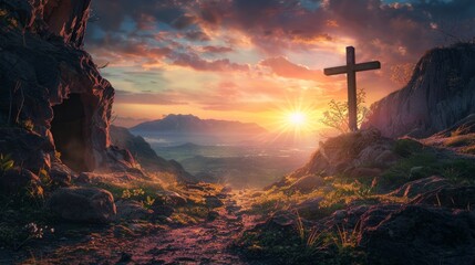 Empty Tomb With Crucifixion At Sunrise - Resurrection Concept. Resurrection - Light In Tomb Empty With Crucifixion At Sunrise, easter , jesus , christian ,background