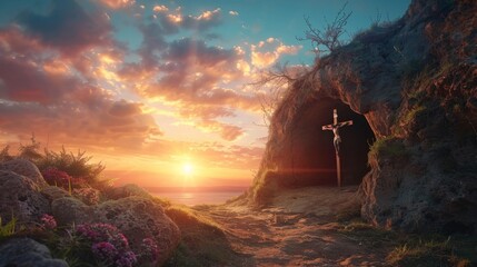 Empty Tomb With Crucifixion At Sunrise - Resurrection Concept. Resurrection - Light In Tomb Empty With Crucifixion At Sunrise, easter , jesus , christian ,background