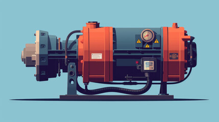 Industrial electric motor showcased with dials and components on a blue background. - obrazy, fototapety, plakaty