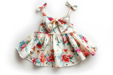 Adorable floral-printed sundress with bow for girls, isolated on a solid white background - obrazy, fototapety, plakaty