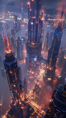 the electric allure of a fantasy city at night, with skyscrapers bathed in neon lights, creating a...