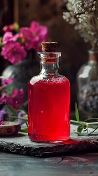 Mysterious red potion in antique glass bottle with floral accents surrounded by nature description:This image depicts an antique glass bottle filled