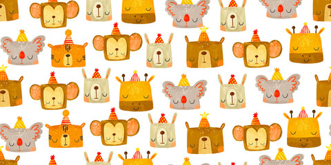 Fototapeta premium Seamless pattern with animal portraits. Cute cartoon animals celebrating a birthday. Scandinavian style. Isolated kids illustration