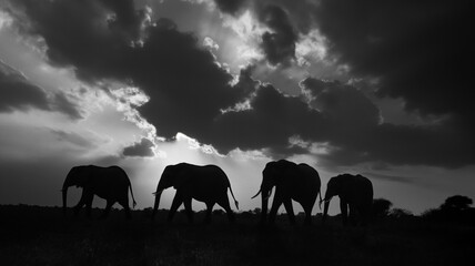 Fototapeta na wymiar Black and white photography of the elephant family taken on safari, dark with clouds. Animal photography