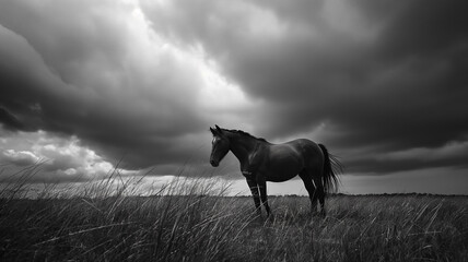 Black and white photography of the horse taken on meadow, dark with clouds. Animal photography