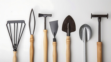a set of gardening tools on a white background