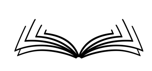 Cartoon open book and pages. Education concept. Line drawing. Opened books sign. Book store logo. Flying pages. World book day.