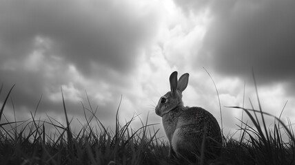 Black and white photography of the rabbit taken on meadow, dark with clouds. Animal photography