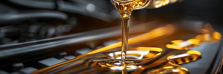 A sleek and detailed close-up of motor engine oil being poured, symbolic of maintenance, performance, and automotive care - obrazy, fototapety, plakaty