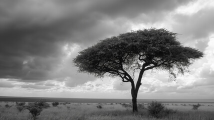 Black and white photography of the single tree, dark with clouds. Landscapes photography.