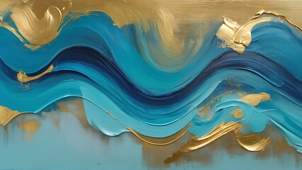 Dynamic wave Impressionism, Painting Background in pastel colors blue, gold and beige - obrazy, fototapety, plakaty