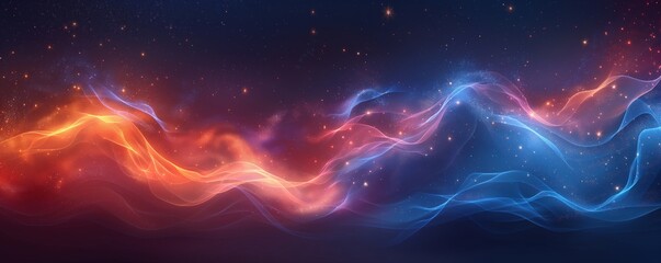 Ethereal Cosmic Energy Flow, Celestial Abstract Background. Red and Blue Wavy Lines on Starry Night. - obrazy, fototapety, plakaty