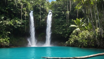 A tropical waterfall cascading into a pristine lag upscaled 3 - obrazy, fototapety, plakaty