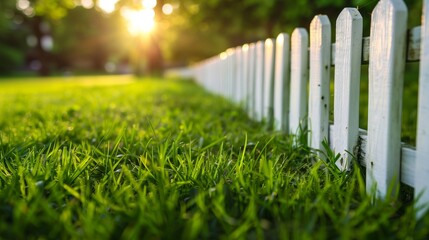 Obraz premium Sunset Rays Casting Warm Light on White Picket Fence, Lush Grass Background.