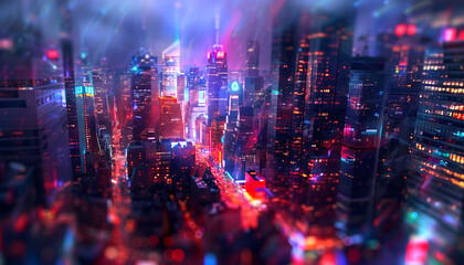 Obraz premium Tall skyscrapers and gleaming buildings rise into the darkened sky, their vibrant lights casting a dazzling array of colors. The city streets below are bustling with activity