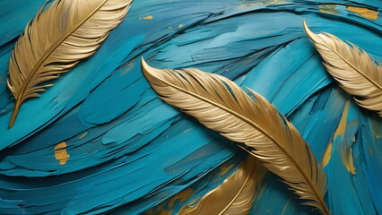 Art Painting Impressionism with gold feather, Painting Background in pastel colors blue and gold