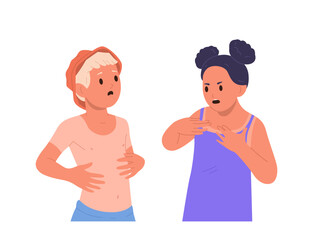 Fototapeta premium Little boy and girl child isolated cartoon character suffering from sunburn and damaged redness skin
