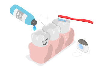 3D Isometric Flat  Illustration of Dental Hyhiene, Dentistry Hygienic Daily Procedure
