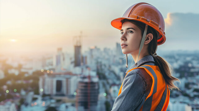 A woman wearing a hard hat and a safety vest is looking out over a city
