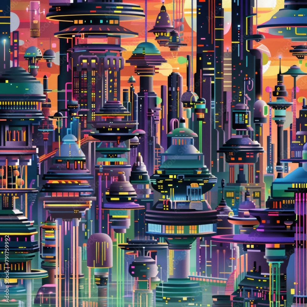 Canvas Prints A colorful cityscape with many buildings and a sky in the background