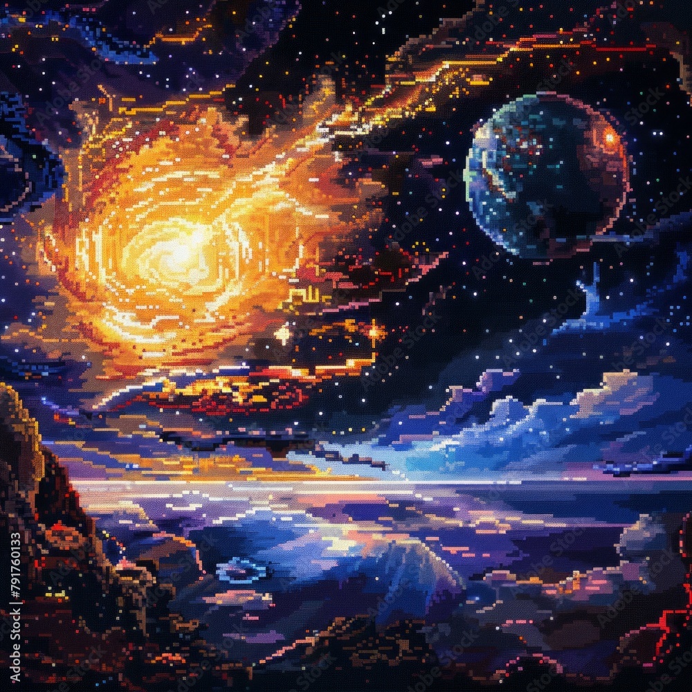 Canvas Prints A colorful space scene with a large sun and a small planet