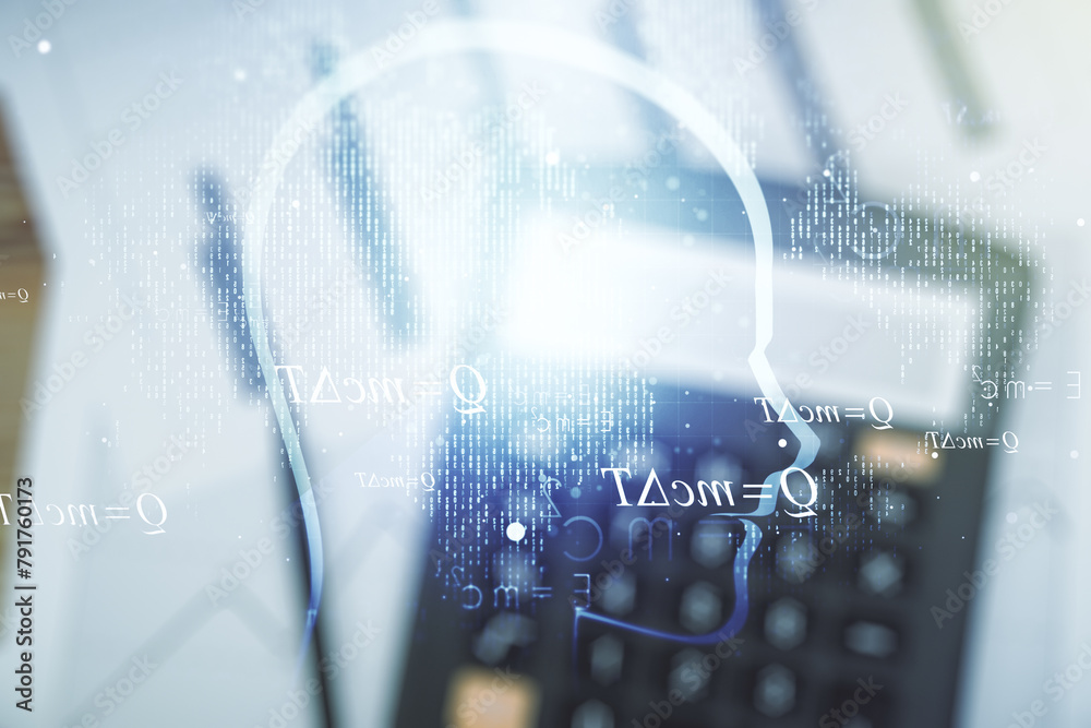 Aufkleber abstract virtual artificial intelligence interface with human head hologram on calculator background