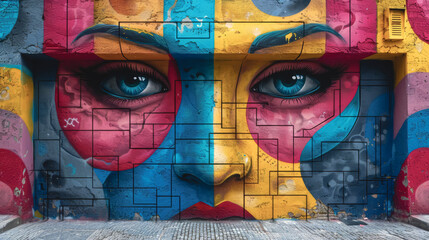 Stylish street graffiti with a woman's face on a brick wall.