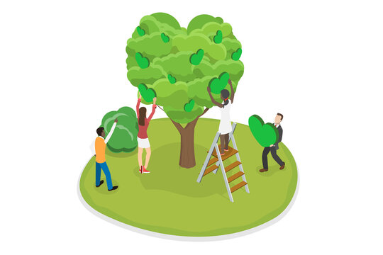 3D Isometric Flat  Illustration of Love And Care For Environment, Volunteer's Teamwork
