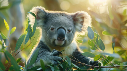 Obraz premium Curious Koala Clinging to a Tree Branch Amid Lush Foliage, Depicting Wildlife Inquisitiveness