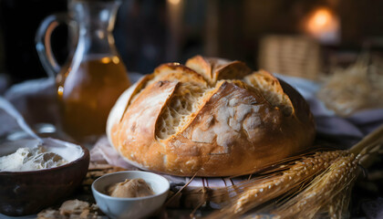 Naklejka premium Homemade sourdough bread food photography recipe idea Happiness Concept on digital art concept, Generative AI.