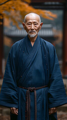Man with facial hair wearing electric blue robe in front of building