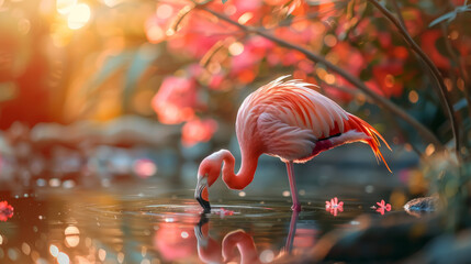 Vibrant Flamingo Bending Neck to Groom Feathers in Shallow Water with Floral Backdrop at Sunset - obrazy, fototapety, plakaty