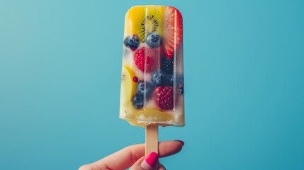 A playful hand holds a brightly colored popsicle bar with fruit and berries, perfect for an appealing photo ad, on a crisp isolated background, studio lighting - obrazy, fototapety, plakaty