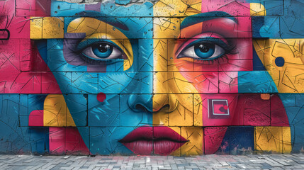 Stylish street graffiti with a woman's face on a brick wall.