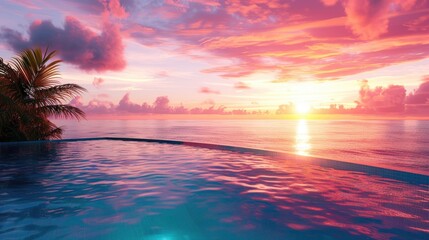 Fototapeta na wymiar 3D infinity pool edge overlooking a tropical sunset