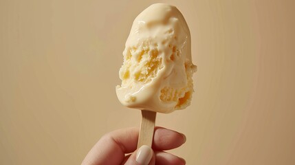 Close-up advertisement of a creamy cheese on a stick in a hand, spotlighted with studio lighting against a distraction-free background - obrazy, fototapety, plakaty