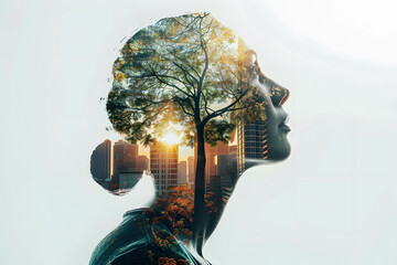 Doing business and investing sustainably, giving importance to the ecosystem in the organization and company, double exposure image - obrazy, fototapety, plakaty